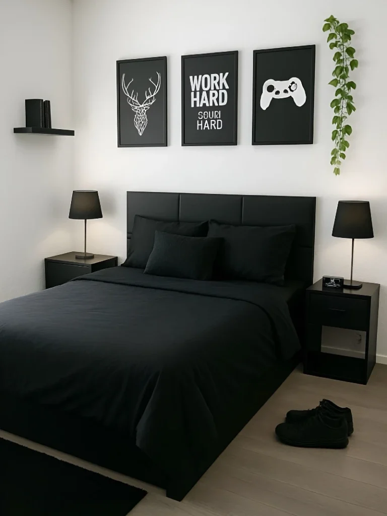 15. All Black Bed with Graphic Wall Prints and Matching Table Lamps