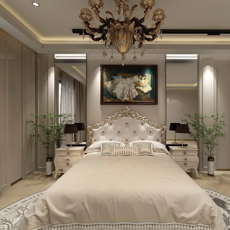 1. Carved Cream Headboard with Crystal Chandelier and Framed Classical Art