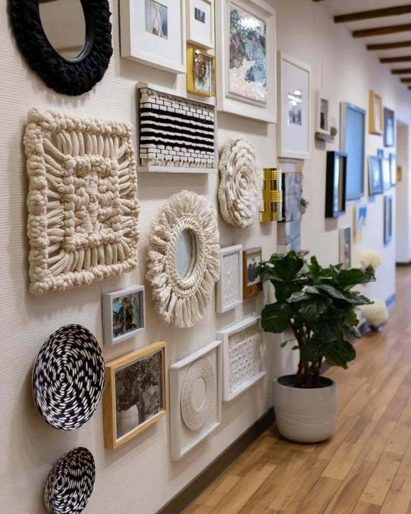 1. Macrame Gallery Wall with Layered Frames and Textural Circles