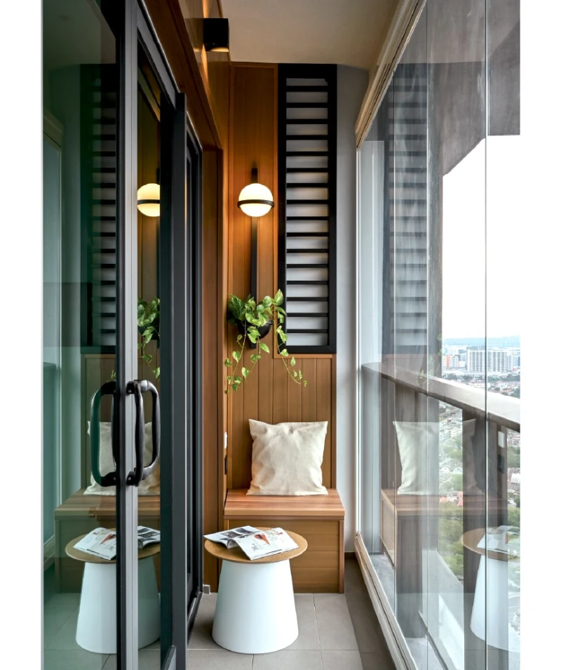 1. Narrow Wood Paneled Balcony Bench with Globe Sconce and Glass Rail Views
