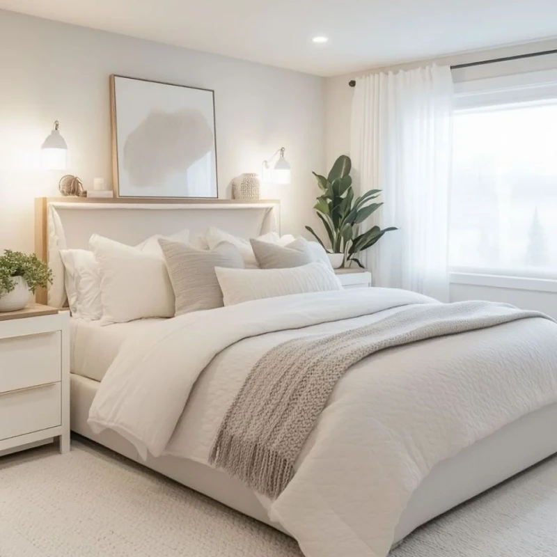 1. Soft White Bed with Chunky Knit Throw and Leafy Corner Plant