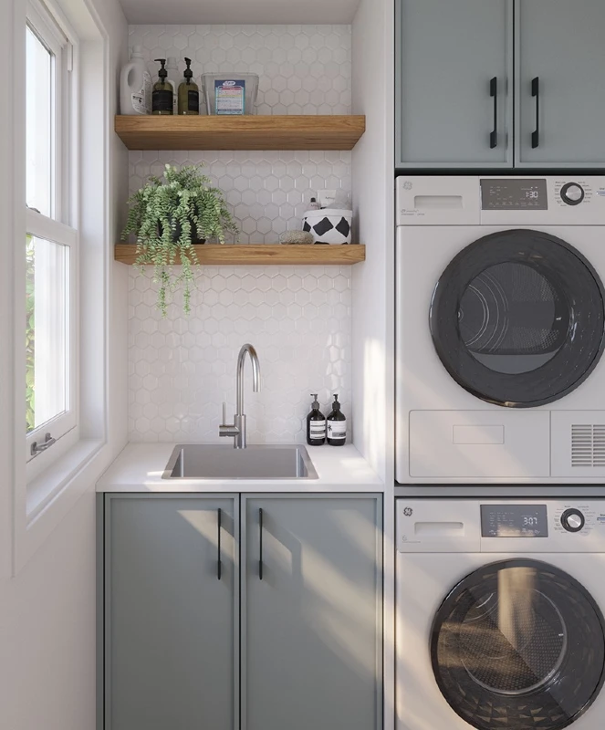 1. Stacked Washer Wall with Sage Cabinets, Wood Shelves, and Hex Tile