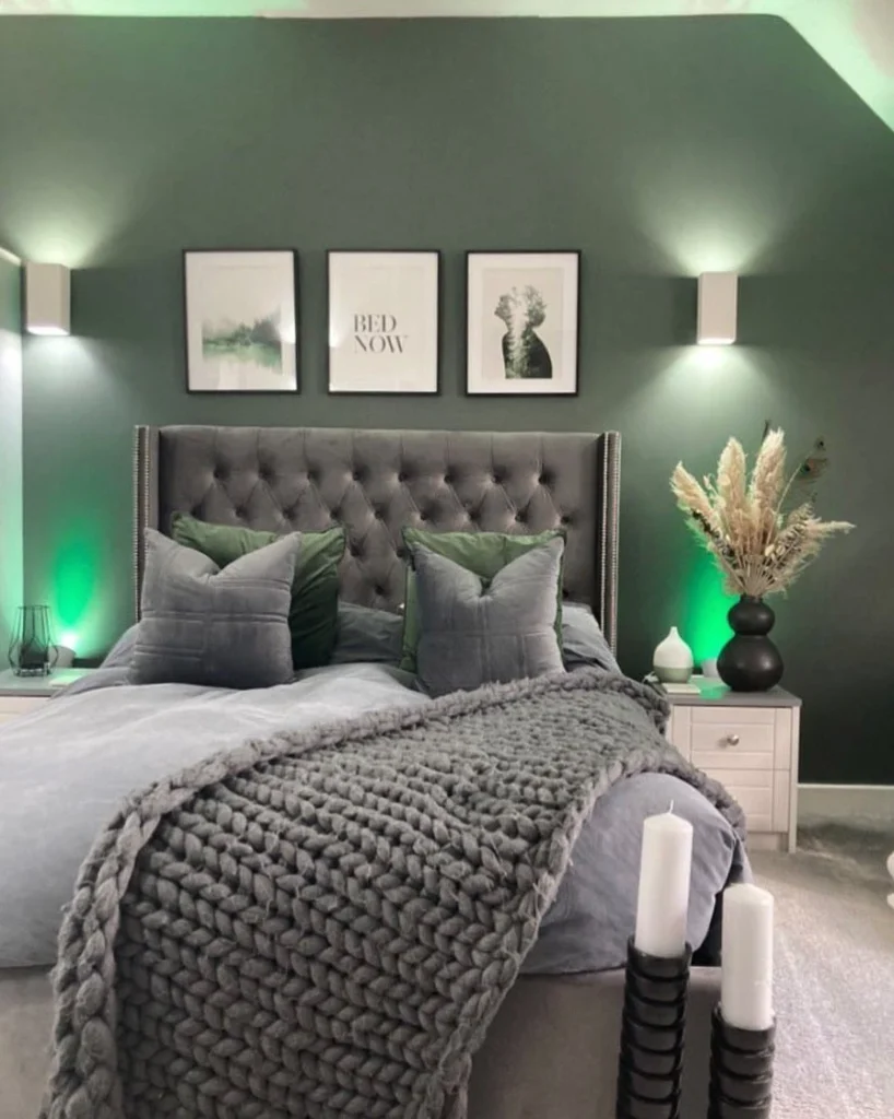 1. Tufted Gray Headboard with Forest Green Walls and Chunky Knit Bedding