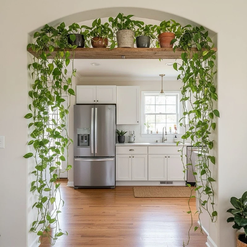 10. Arched Doorway Plant Shelf with Cascading Pothos and Mixed Clay Pots