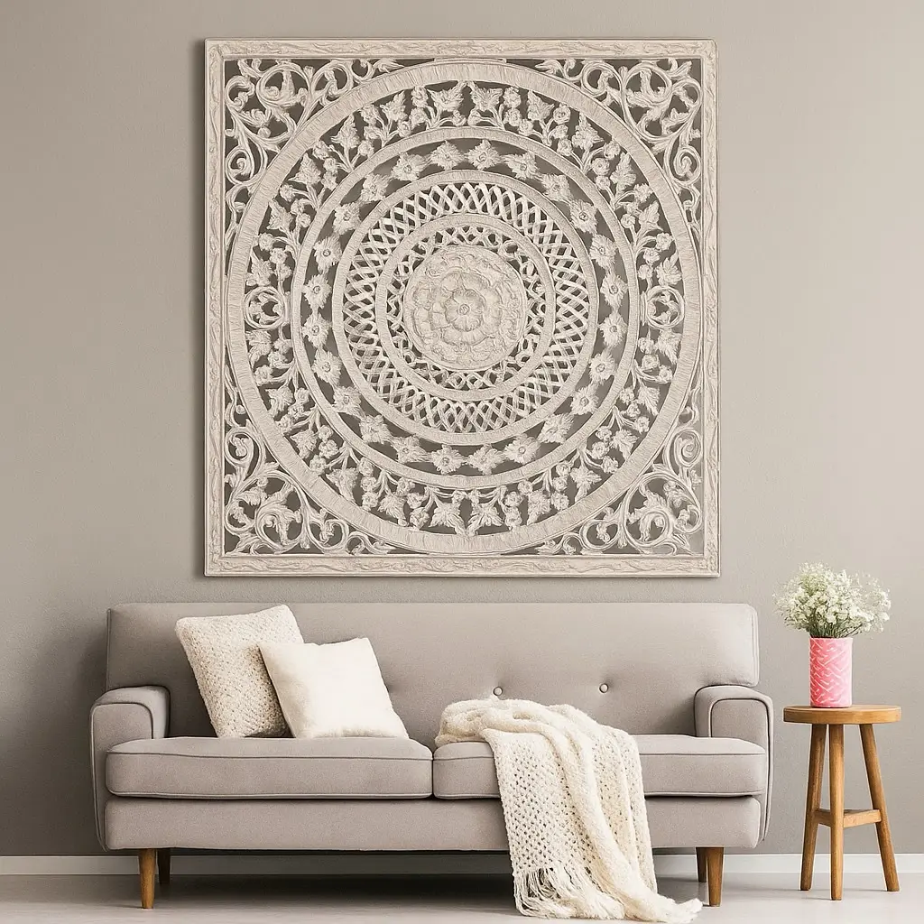10. Carved Mandala Wall Panel Above Neutral Sofa with Soft Minimal Layers