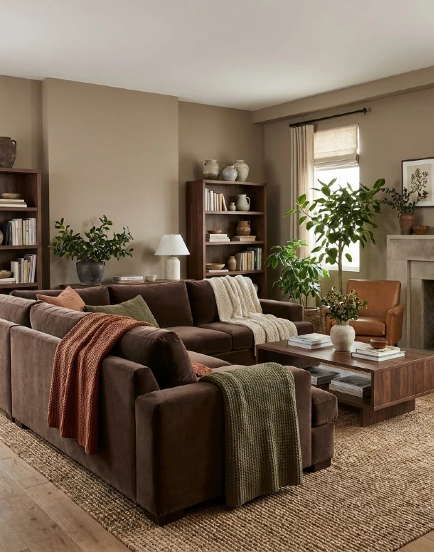 10. Chocolate Sectional with Walnut Coffee Table, Bookcases, and Botanical Art