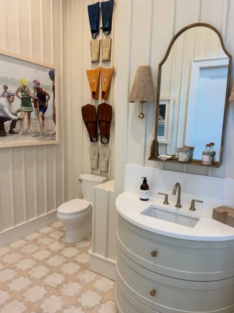 10. Coastal Bath Vanity with Vintage Swim Fins Wall