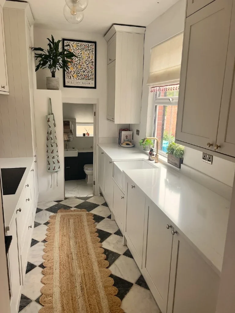 10. Cream Galley Kitchen with Scalloped Jute Runner and William Morris Wall Art