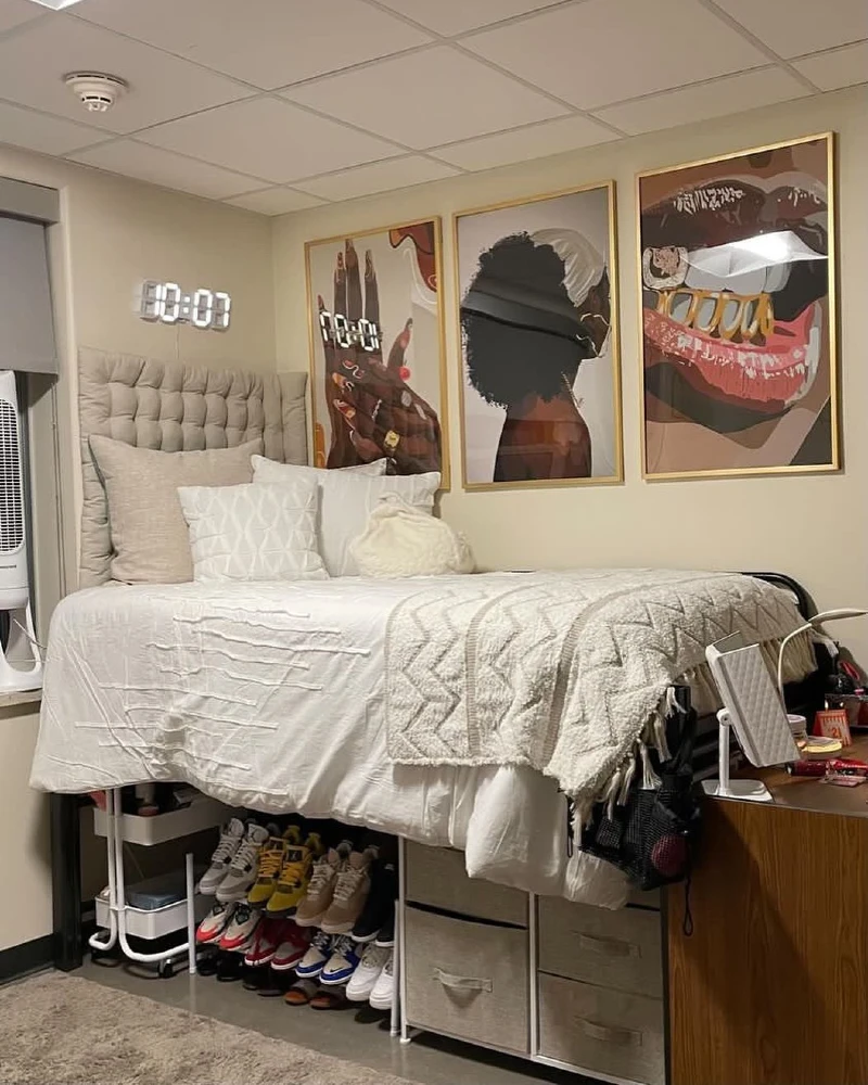 10. Cream Lofted Bed with Sneaker Storage and Oversized Framed Prints