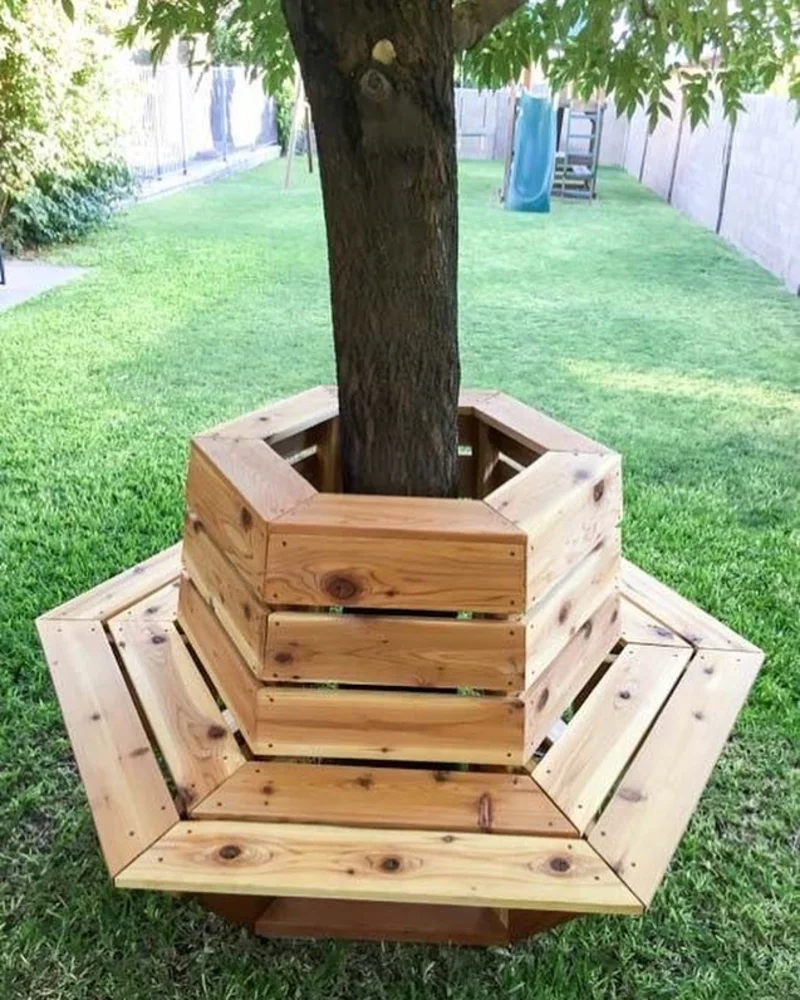 10. Hexagon Tree Bench with Slatted Wood Planter Back