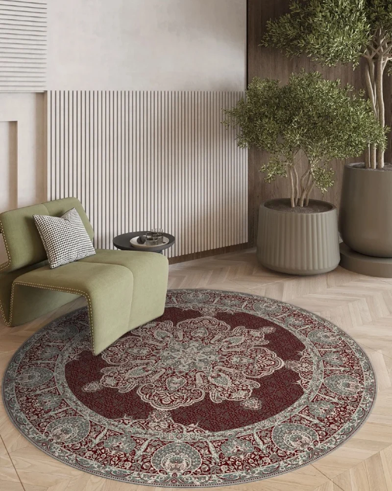 10. Round Persian Rug in Modern Lounge Corner with Soft Green Chair and Natural Wood Accents