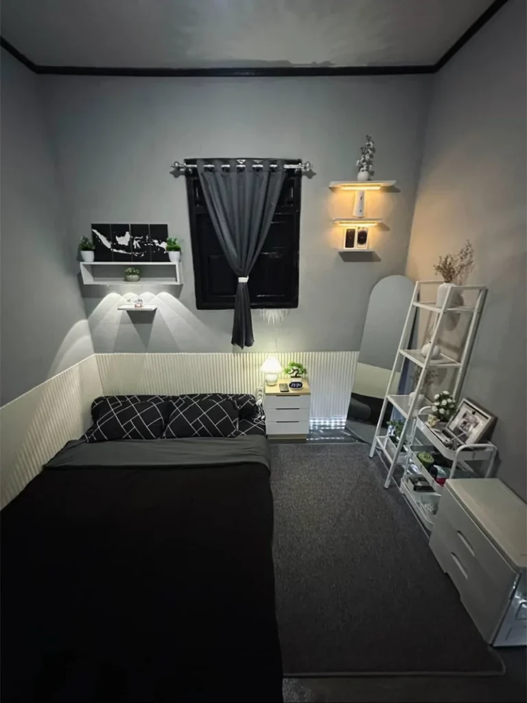 10. Small Gray Bedroom with Ribbed Wall Panels and Black Grid Bedding