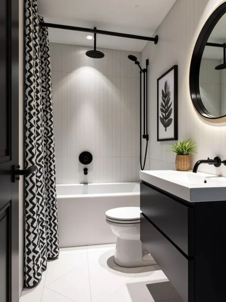 11. Black Vanity Bathroom with Graphic Shower Curtain