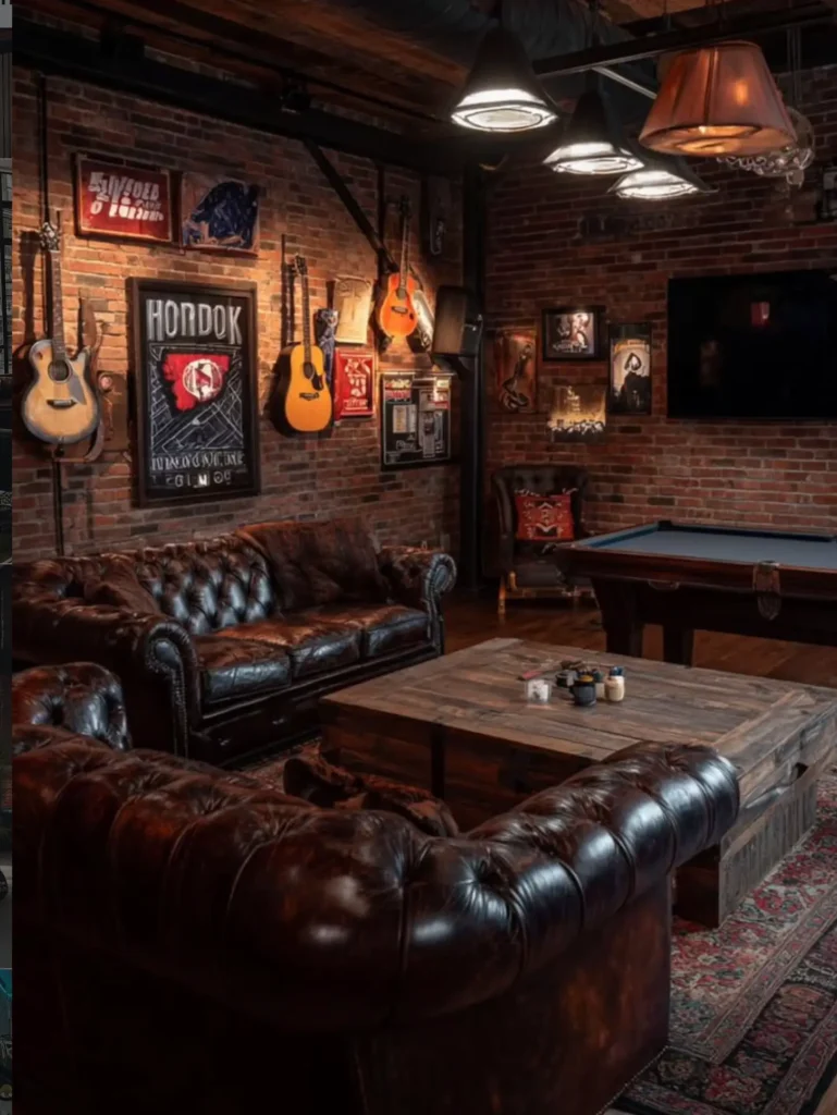 11. Brick Music Lounge with Tufted Leather Sofas, Guitars, and Pool Table