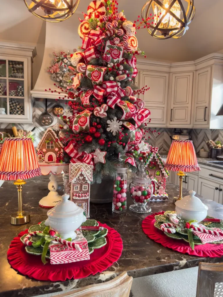 11. Candy Cane Island Tree with Gingerbread Houses and Red Pleated Place Mats