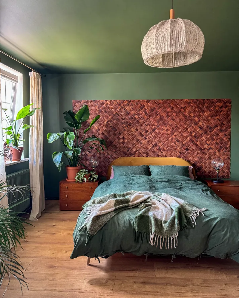 11. Forest Green Ceiling with Woven Pendant and Herringbone Wood Headboard Wall