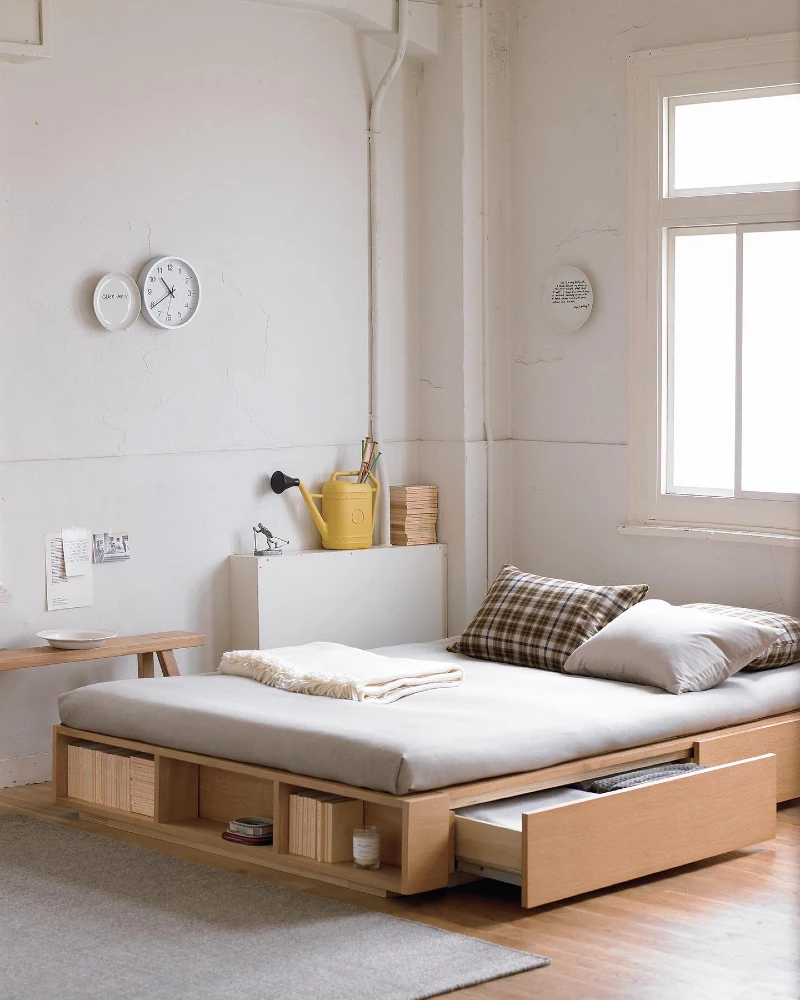  11. Low Wood Platform Bed with Open Book Cubbies and Pullout Side Drawer