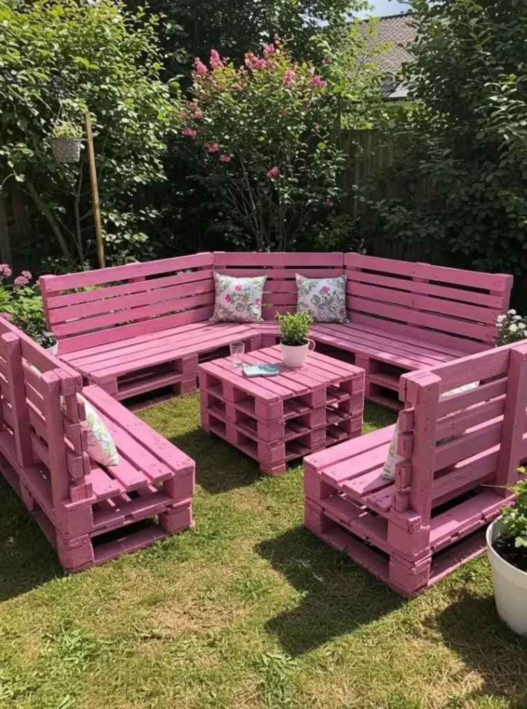 11. Pink Pallet Garden Lounge with Matching Coffee Table and Floral Pillows