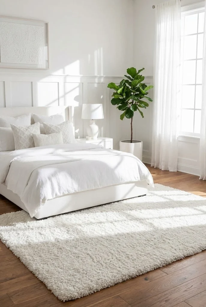 11. Sunlit White Bedroom with Board and Batten Wall and Shag Rug