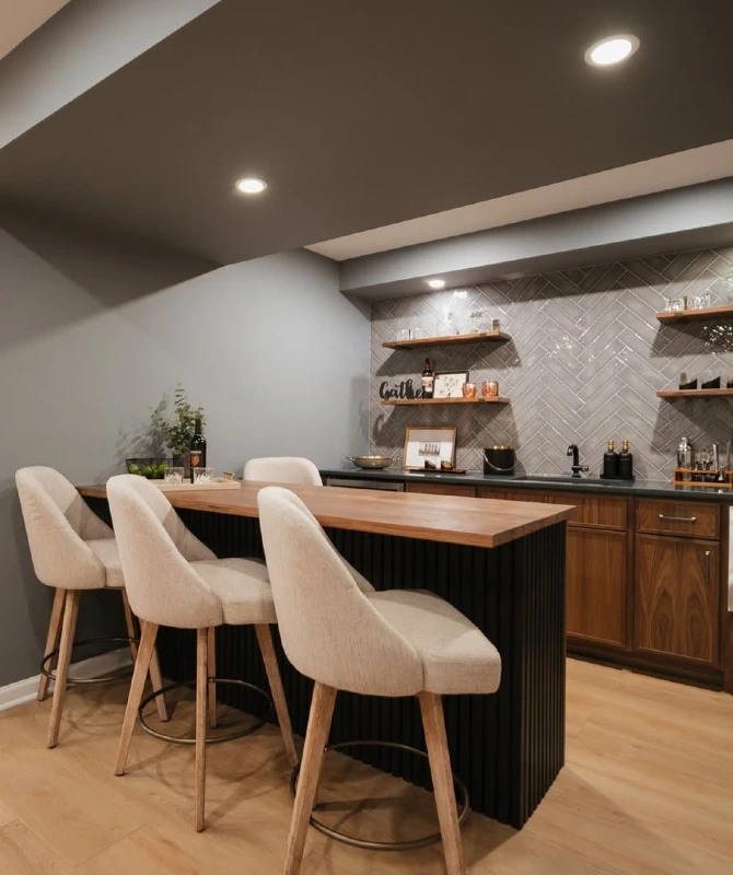11. Walnut Bar Cabinet Wall with Black Reeded Island and Cream Upholstered Stools