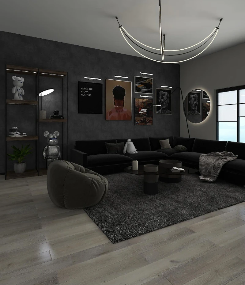 12. Black Sectional Sofa with Sports Wall Art, Open Shelving, and Curved LED Chandelier