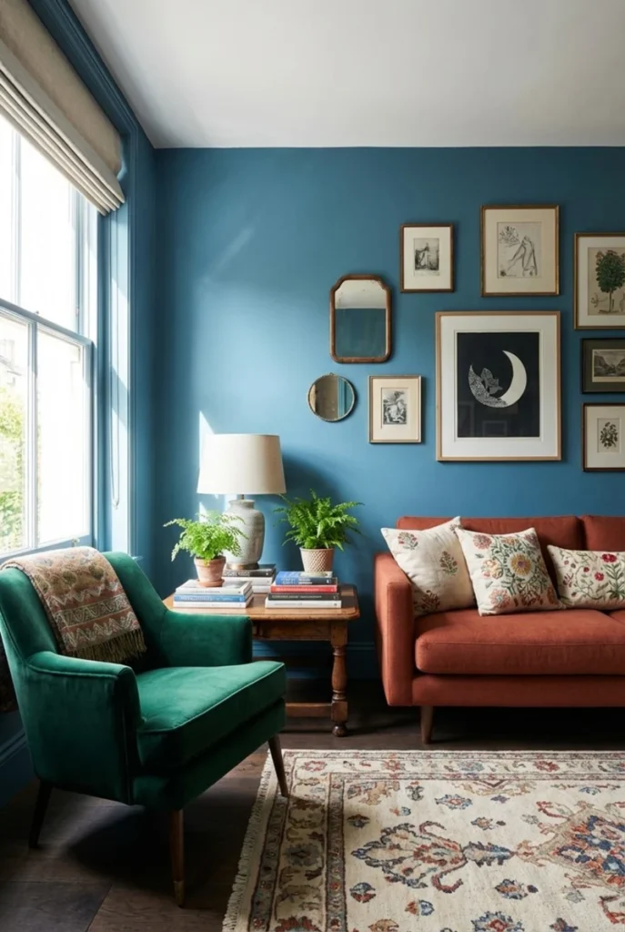 12. Eclectic Blue Living Room Gallery Wall with Mixed Frames and Mirror Layers