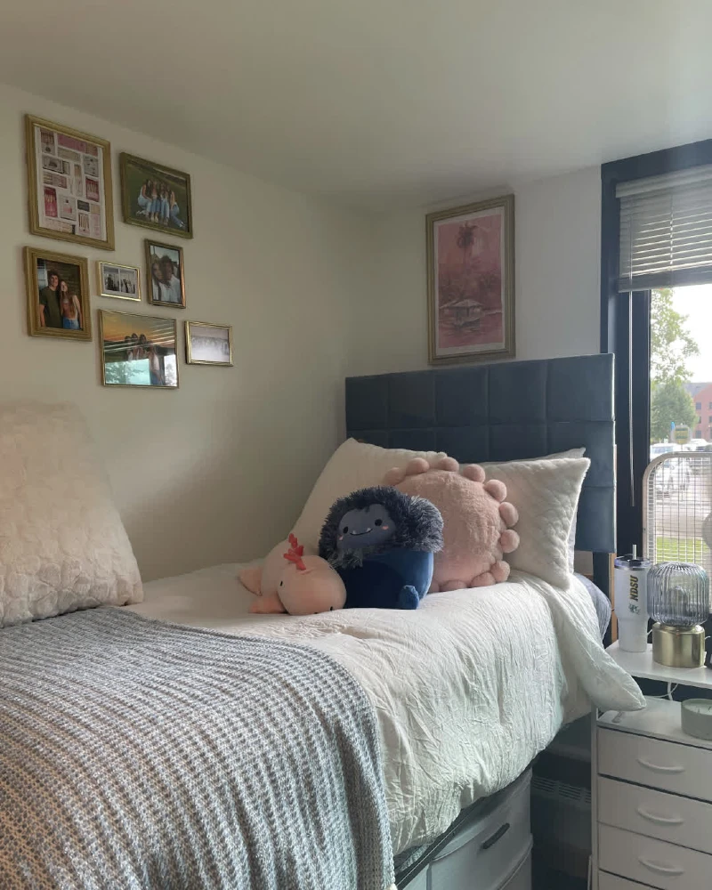 12. Navy Tufted Bed with Gold Frame Gallery Wall and Plush Pillows