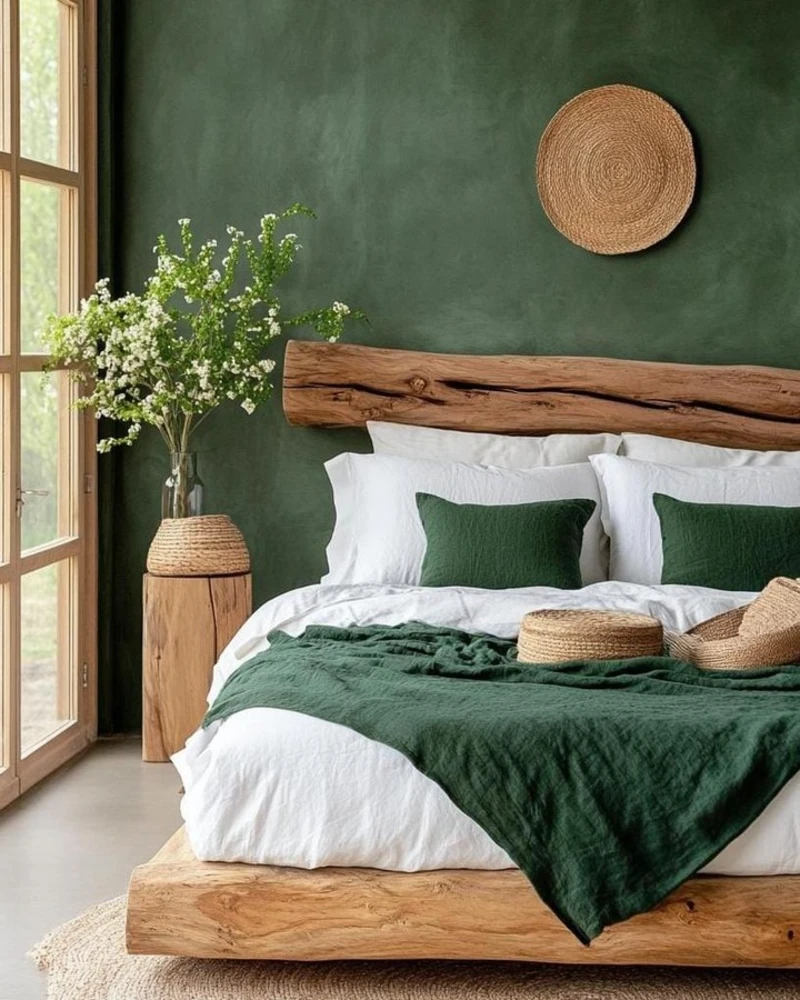 12. Raw Wood Platform Bed with Deep Green Linen and Woven Wall Decor