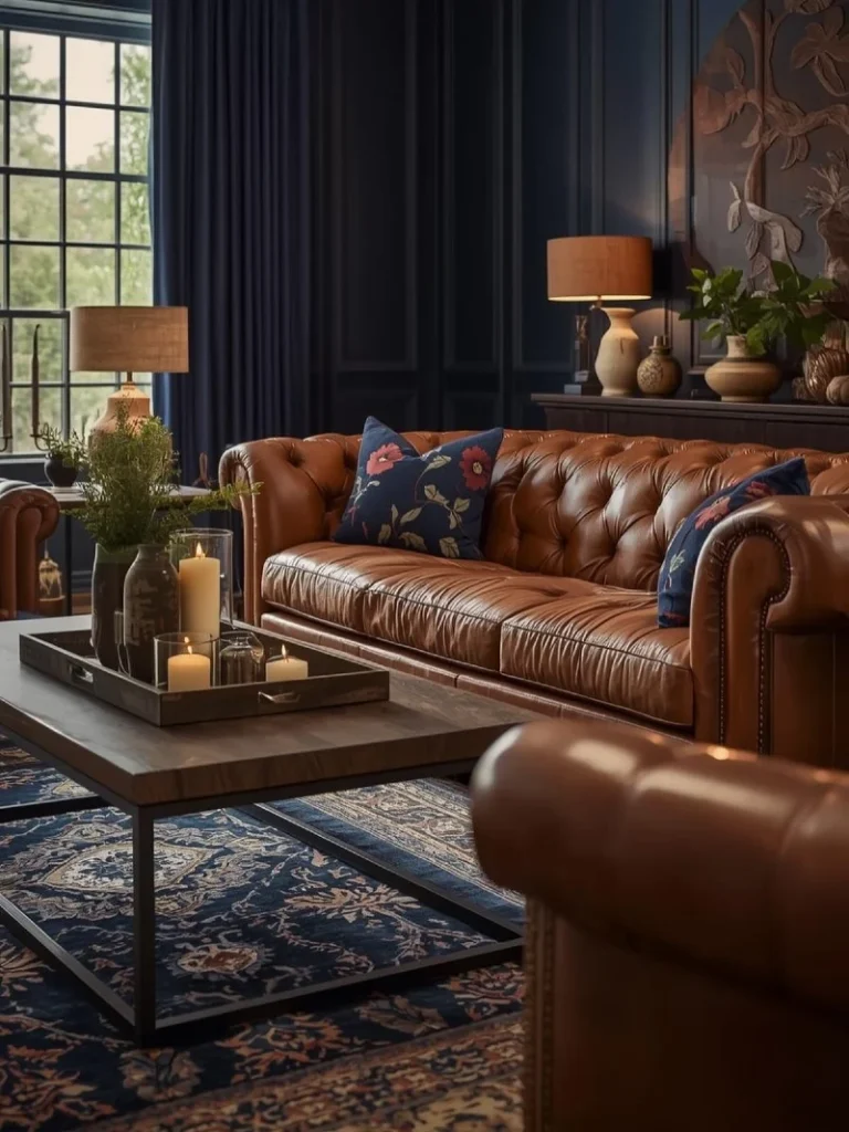 12. Slim Dark Wood Coffee Table with Cognac Chesterfield Sofa and Navy Paneled Walls