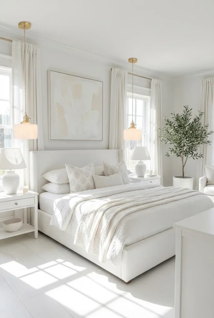 12. White Upholstered Bed with Brass Pendant Lights and Olive Tree