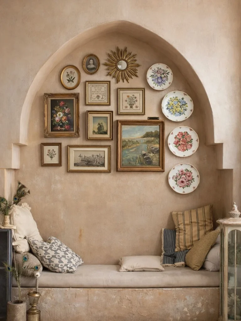 13. Arched Alcove Gallery with Mixed Vintage Frames and Floral Plates
