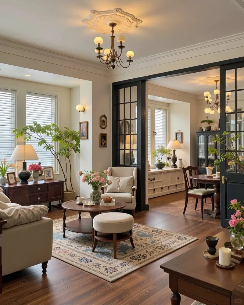 13. Black Glass Doors with Cream Seating, Wood Tables, and Fresh Flowers