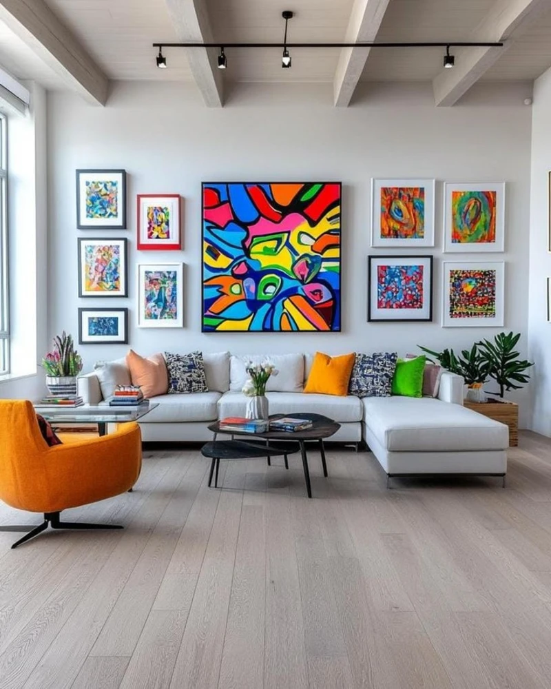13. Bold Central Abstract Gallery Wall with Color Blocks Above White Sectional Sofa