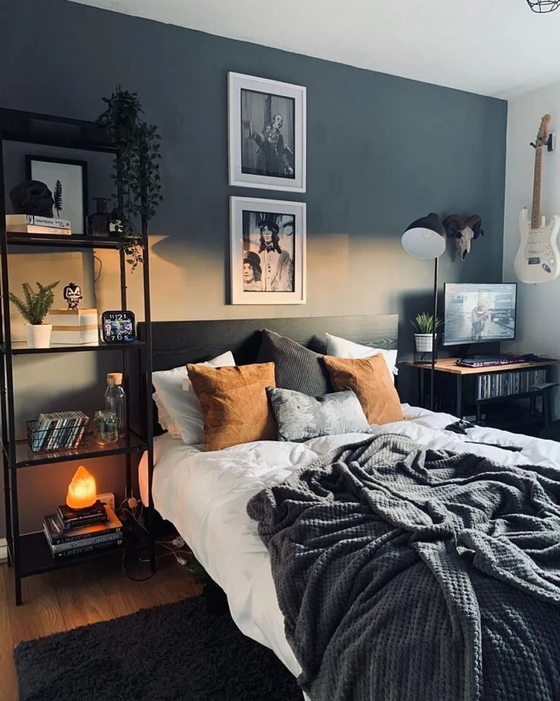 13. Charcoal Bedroom Wall with Black Shelf, Music Prints, and Chunky Gray Throw