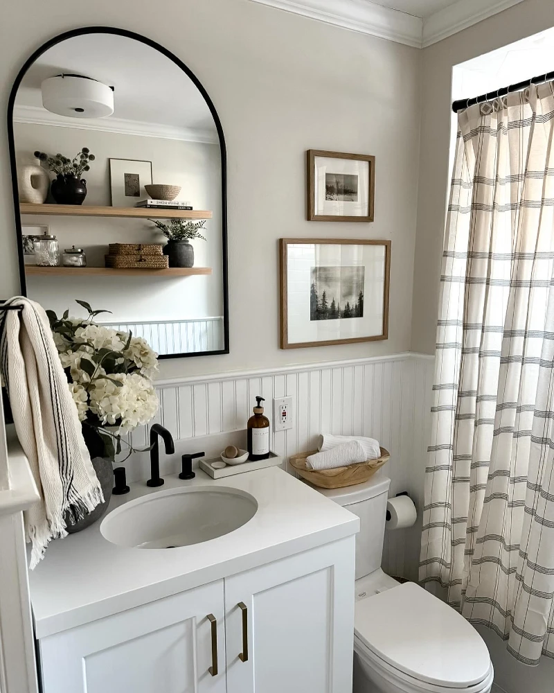 13. Grid Shower Curtain with Arched Black Mirror
