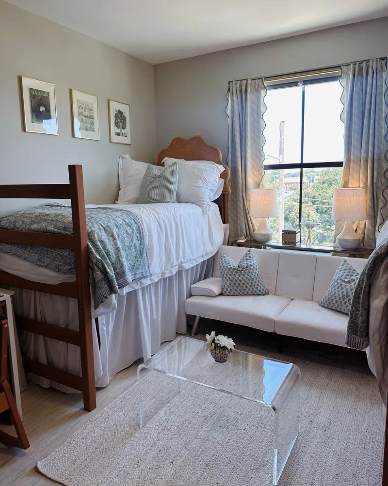 13. Raised Beds with Wavy Curtains, White Futon, and Acrylic Coffee Table