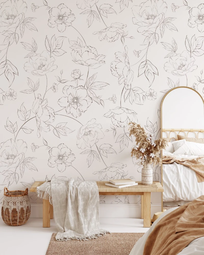 13. Soft Neutral Floral Line Wallpaper with Woven Bench and Minimal Bedroom Layers