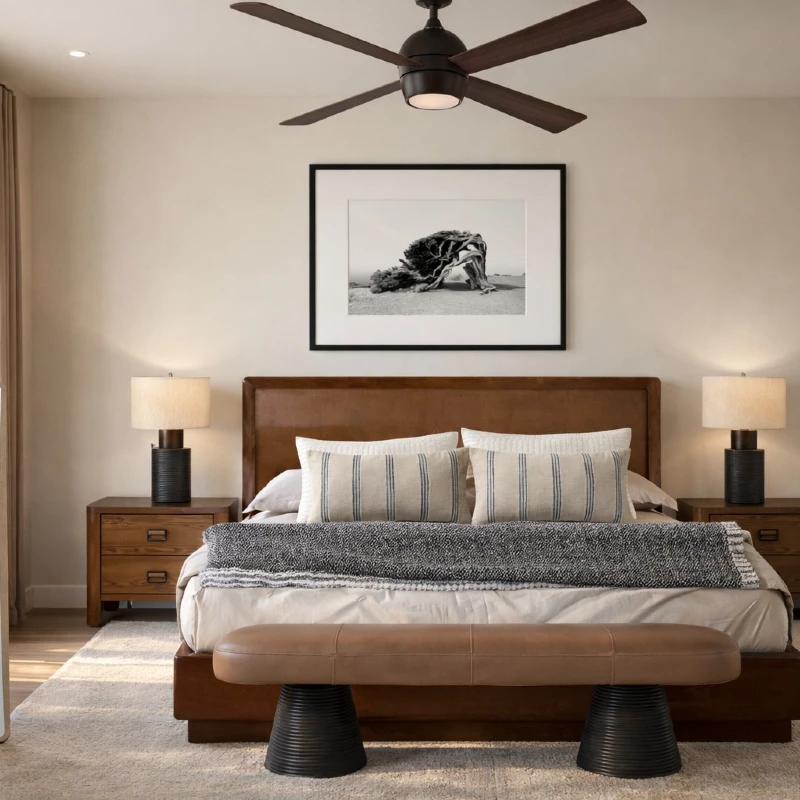 14. Brown Leather Bed with Black Framed Desert Art and Matching Wood Nightstands