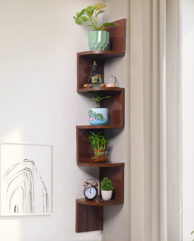 14. Corner Zigzag Shelf with Potted Plants, Buddha Figurine, and Copper Alarm Clock