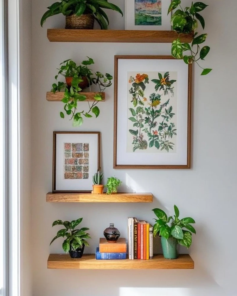 14. Floating Wooden Shelves with Indoor Plants and Botanical Art Layering