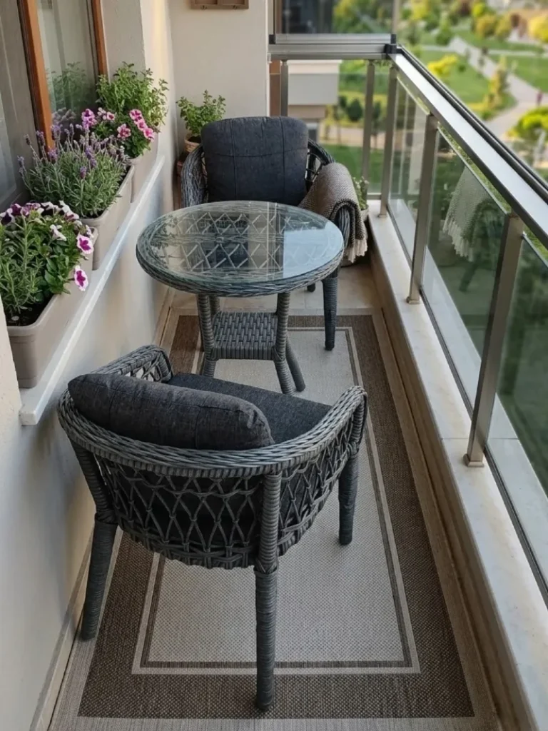 14. Gray Wicker Balcony Dining Set with Glass Table, Window Planters, and Framed Outdoor Rug