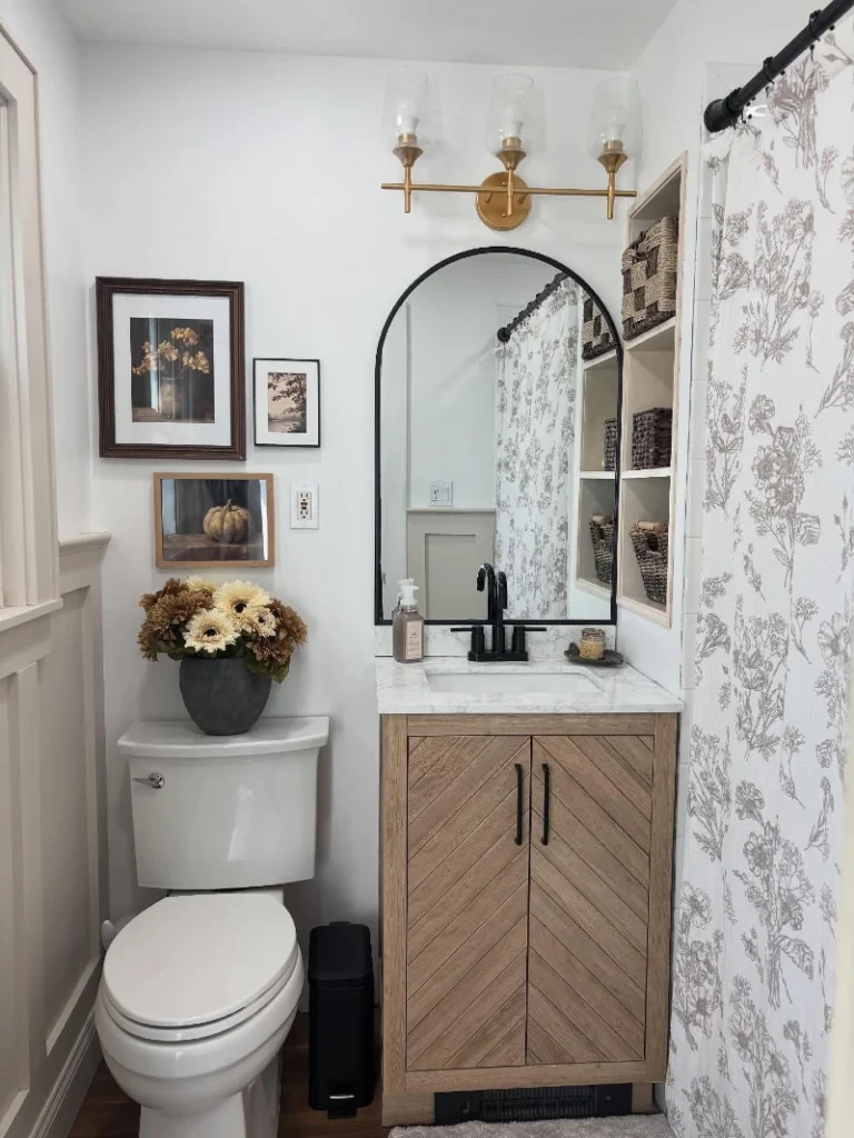 14. Herringbone Wood Vanity with Botanical Shower Curtain