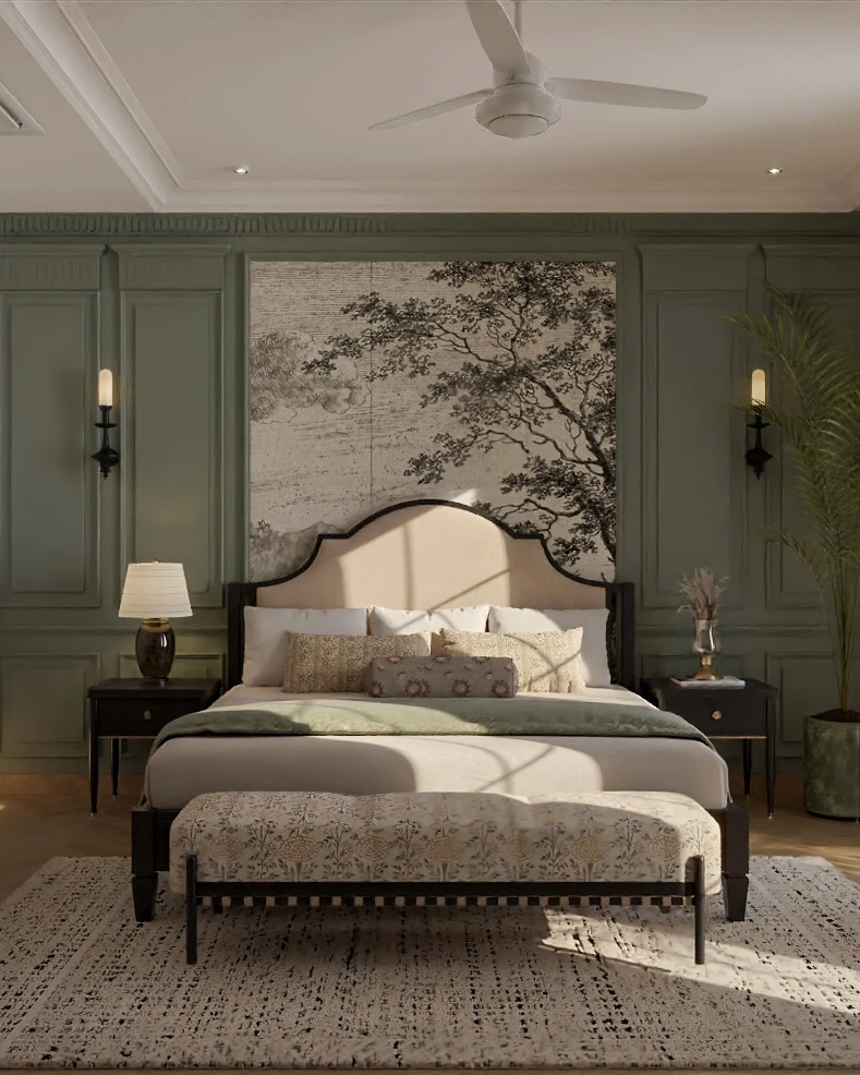 14. Paneled Sage Wall with Tree Mural, Candle Sconces, and Patterned Bench