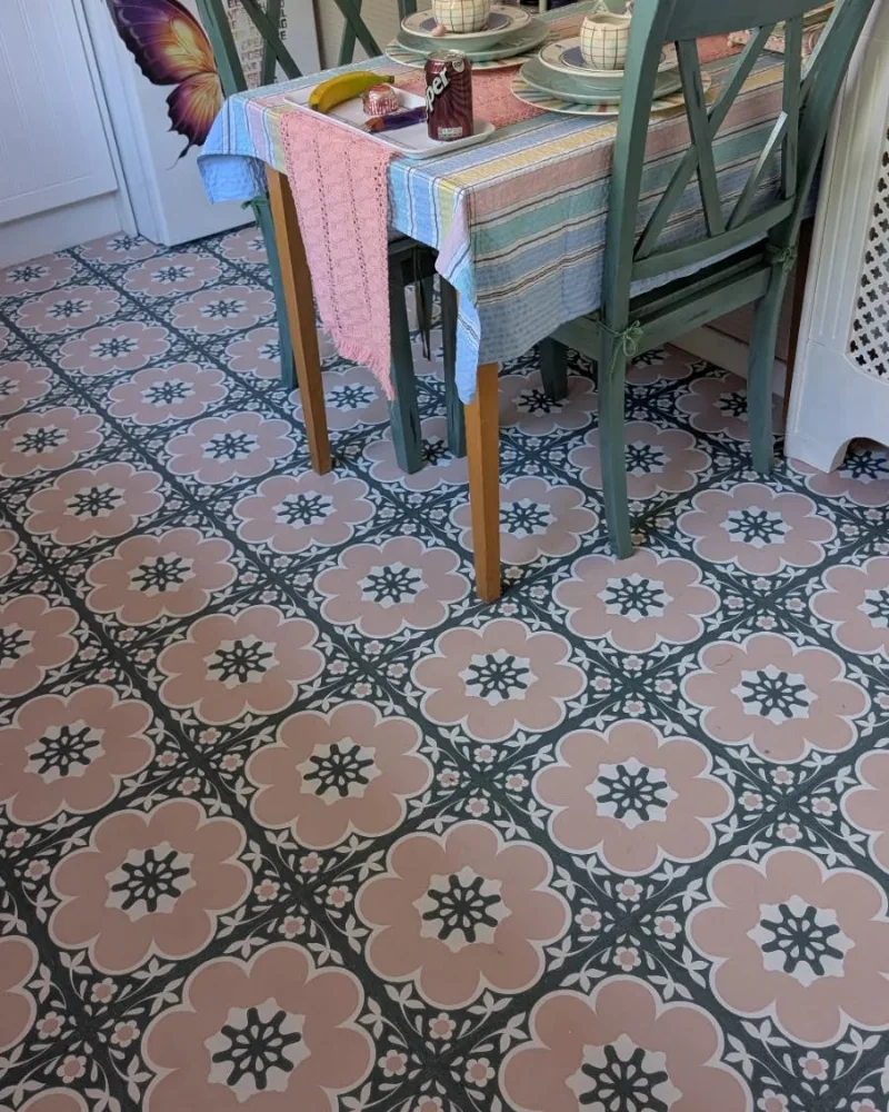 14. Pink Floral Dining Nook Floor with Sage Chairs and Pastel Table Linens
