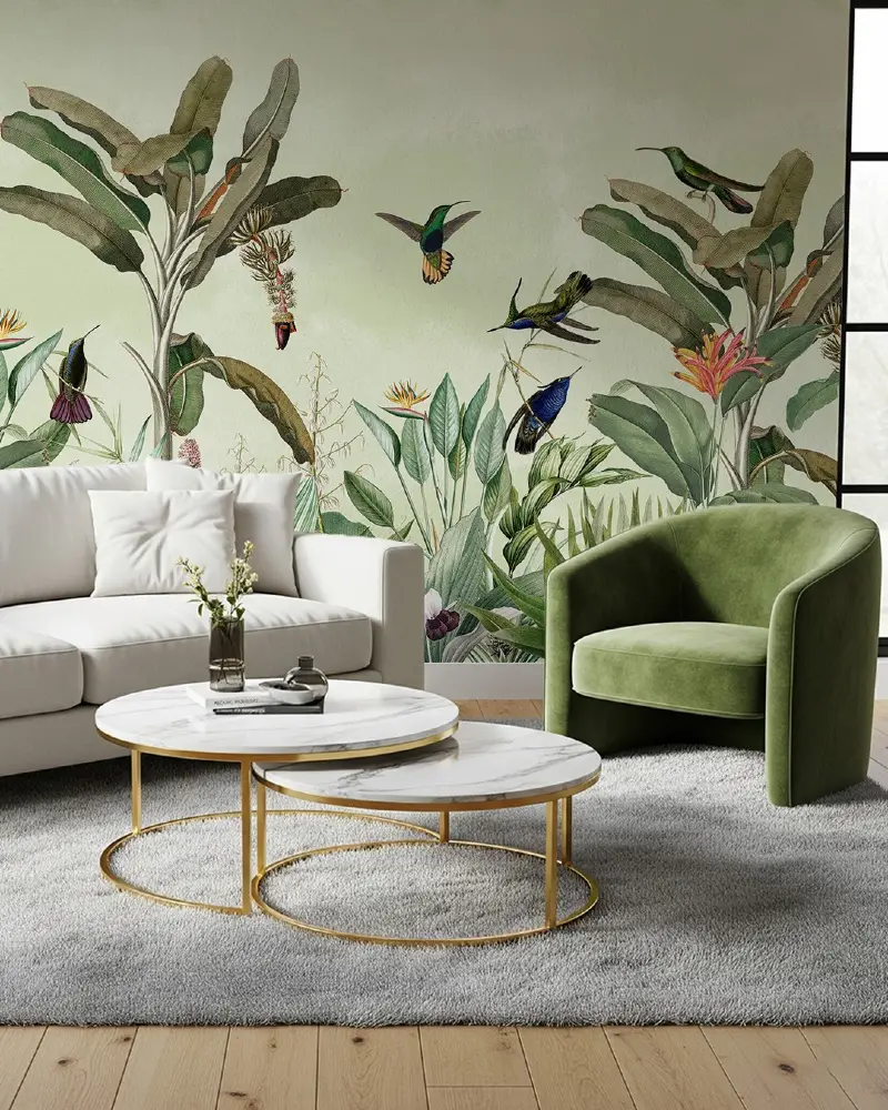 14. Tropical Bird Mural Living Room with Velvet Green Accent Chair and Marble Nesting Tables