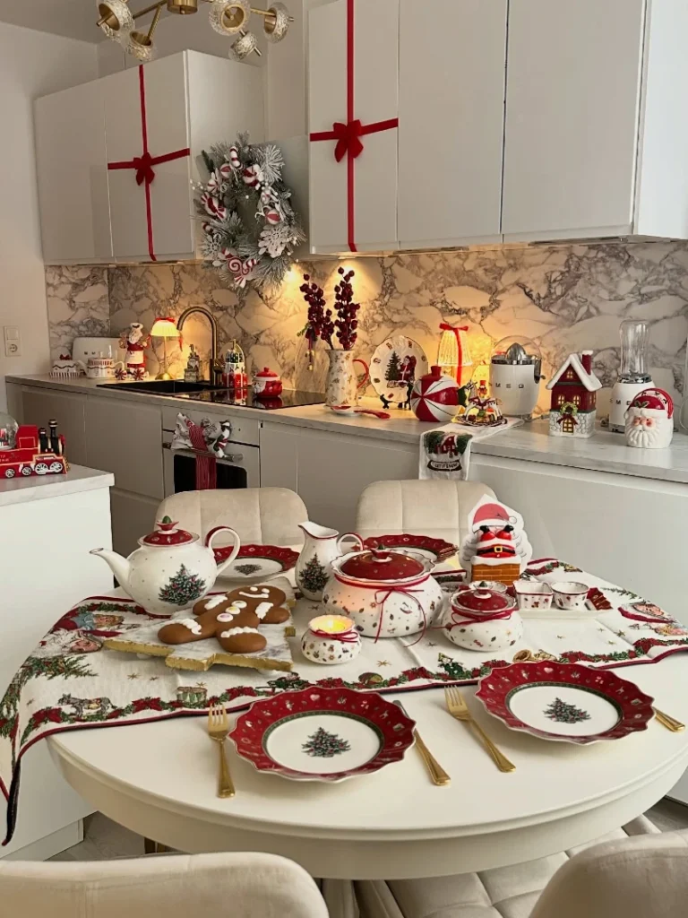 14. White Dining Kitchen with Gift-Wrapped Cabinets and Red Christmas Tableware