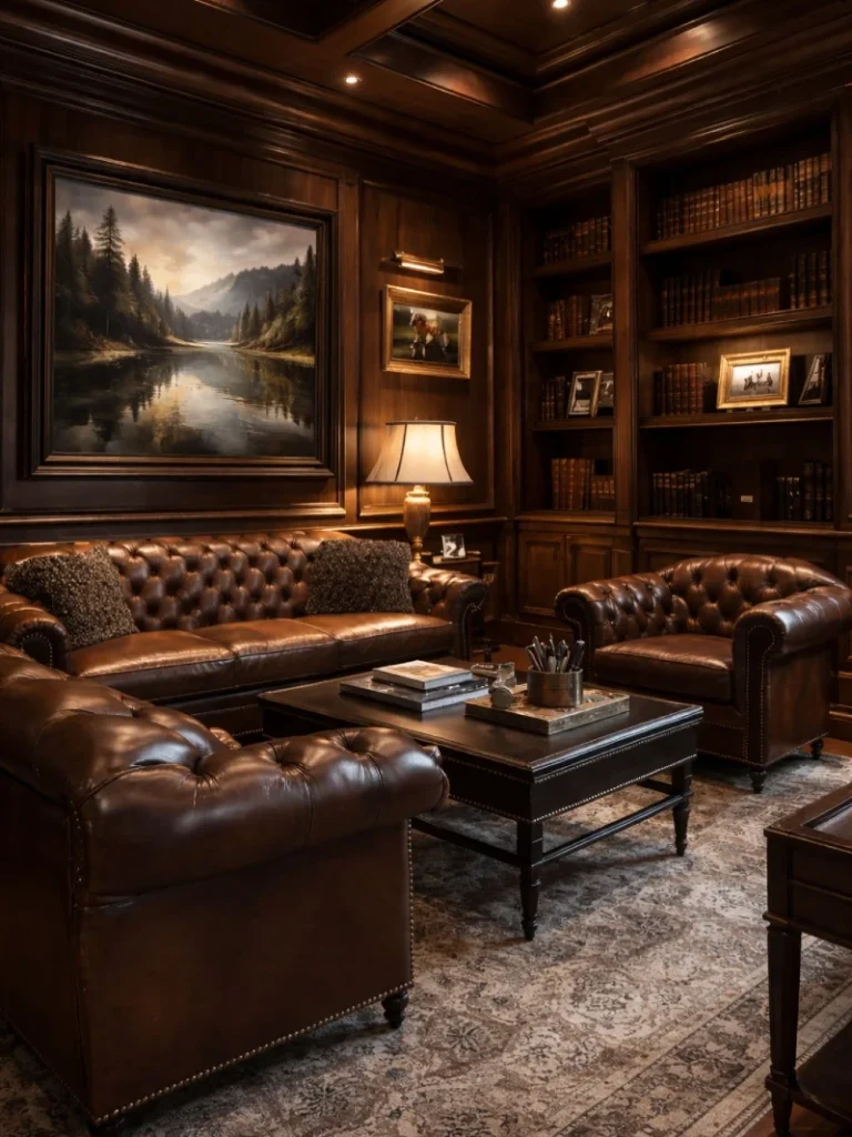 14. Wood Paneled Library with Chesterfield Sofas and Landscape Oil Painting