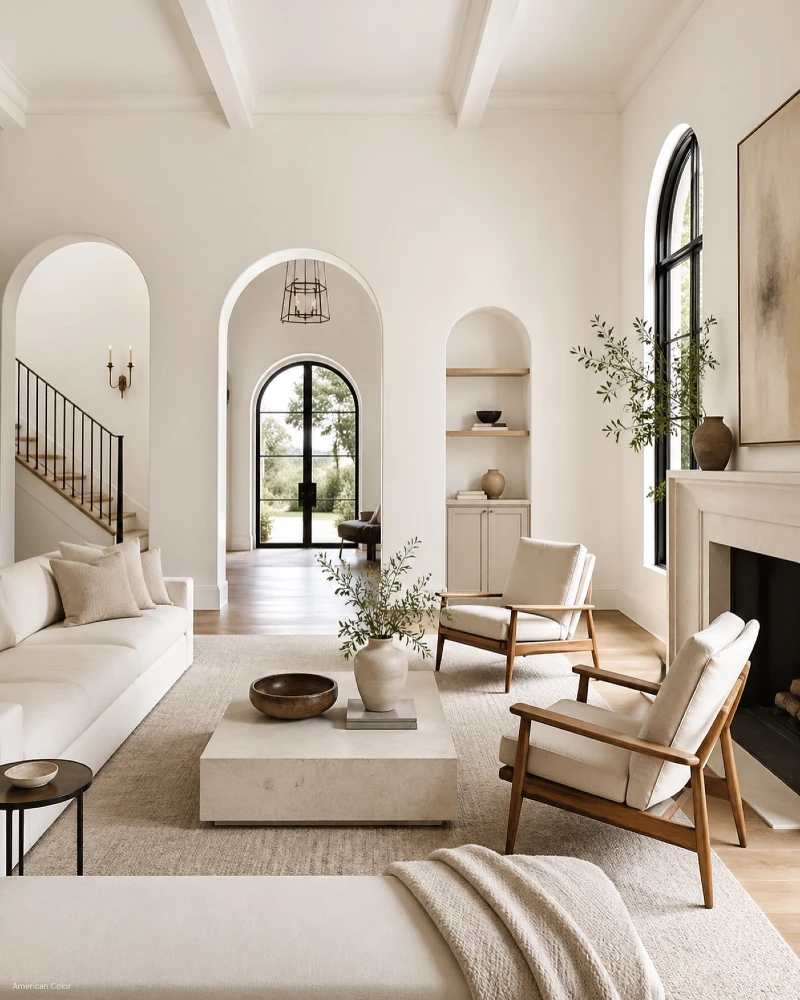 15. Arched White Living Room with Stone Coffee Table and Wood Frame Chairs