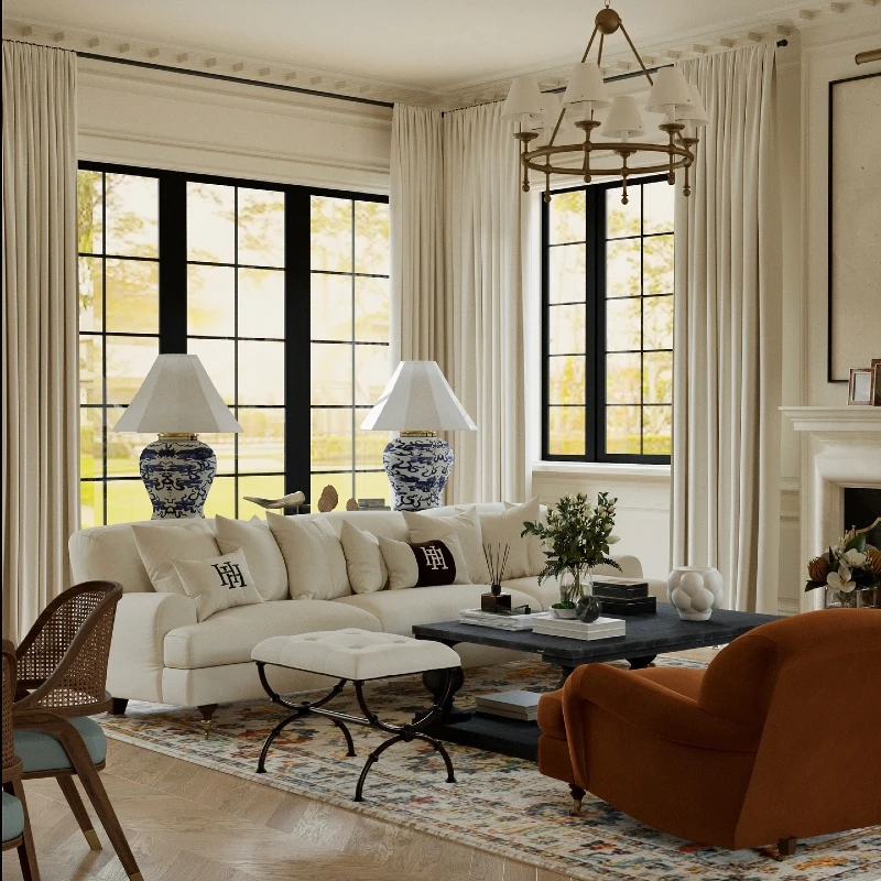 15. Blue and White Ceramic Lamps with Cream Drapes and Black Framed Windows