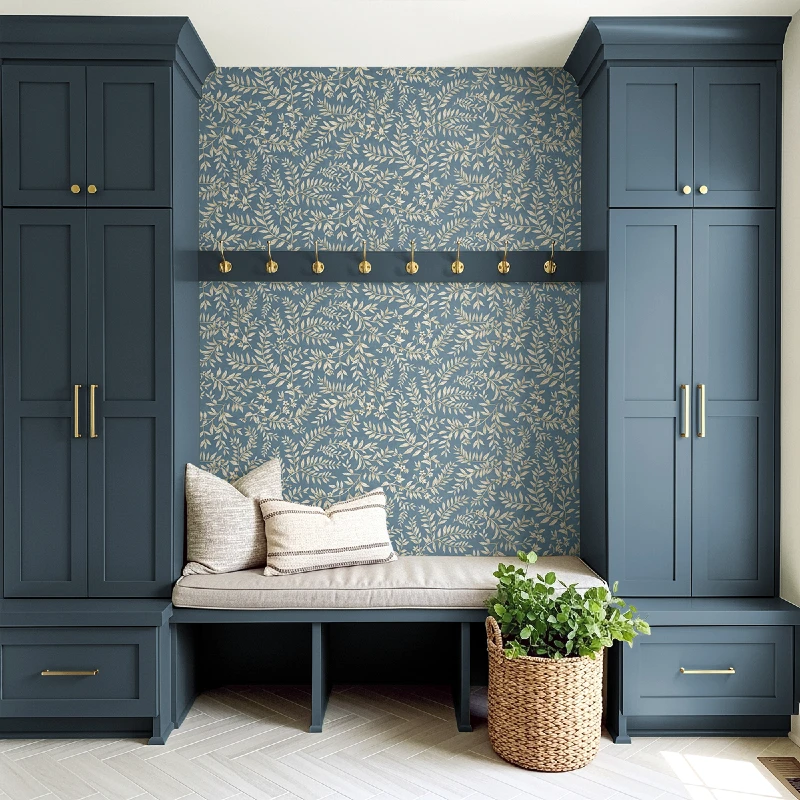 15. Built-In Mudroom Bench with Navy Cabinetry and Blue Botanical Feature Wall